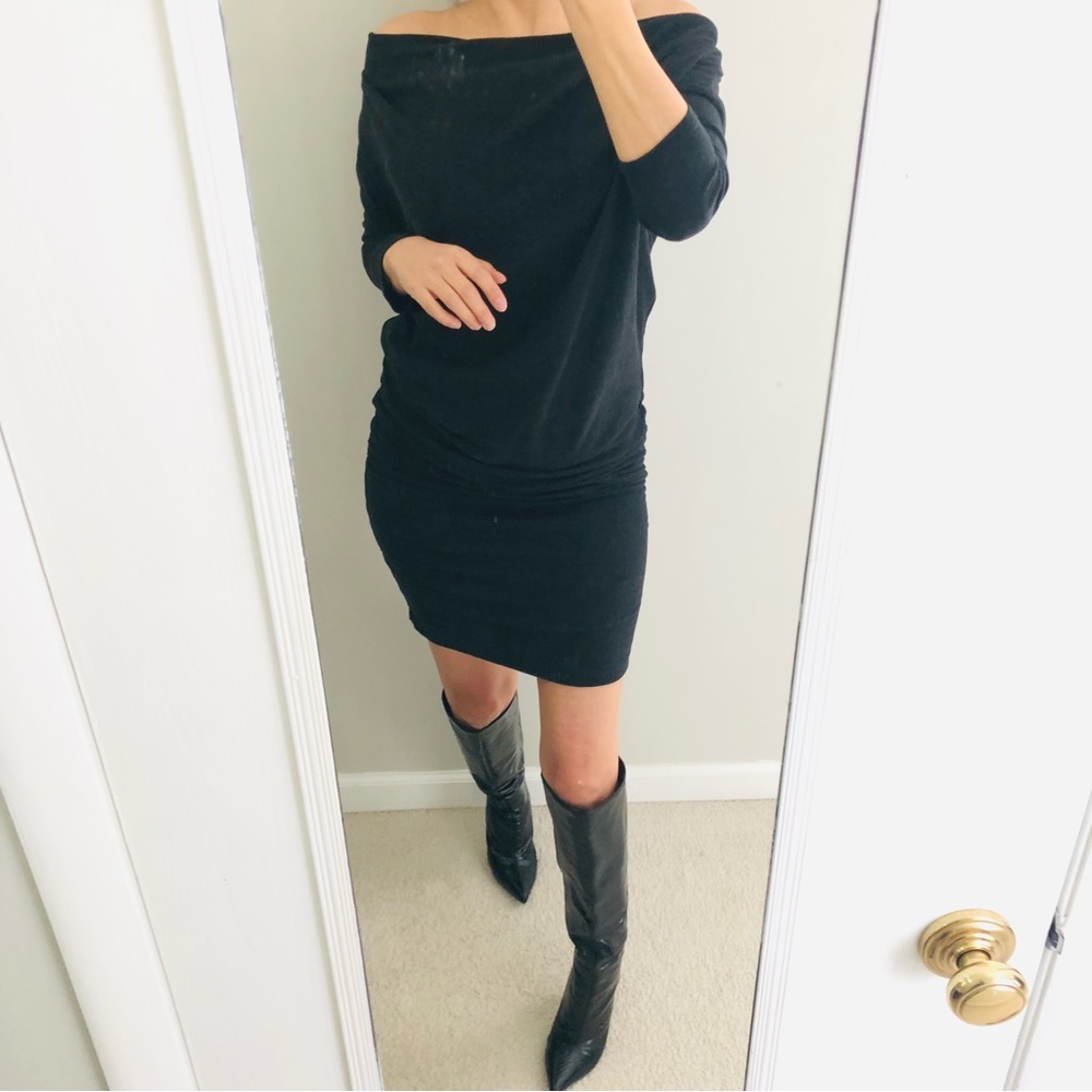 Batwing 3/4 sleeves , asymmetrical neckline, dress dark gray with side ruched
